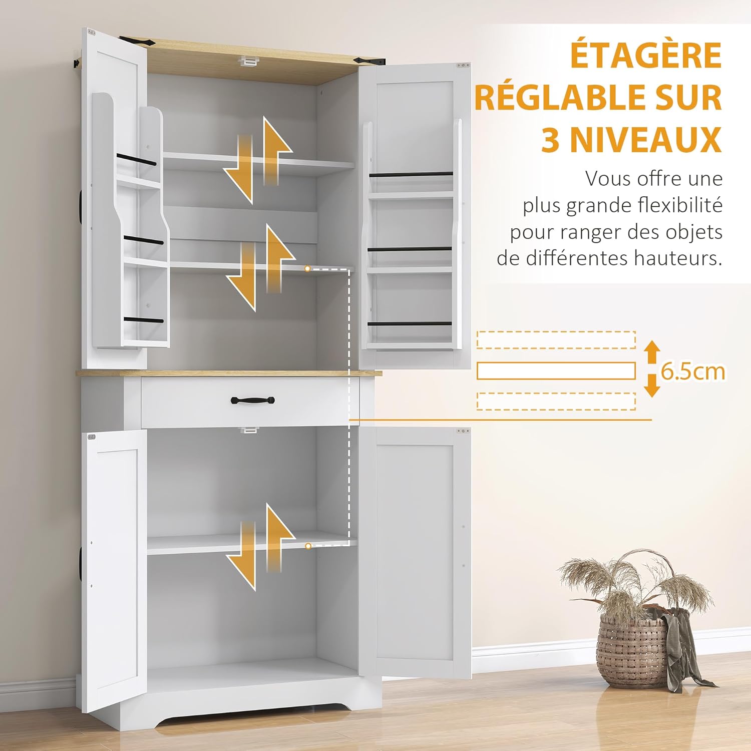 HOMCOM Armoire de Cuisine Buffet Cuisine vaisselier Meuble de Rangement avec 4 Portes, 6 étagères à Porte,1 tiroir et étagères réglables, 76,5 x 40 x 181 cm, Blanc – Image 6