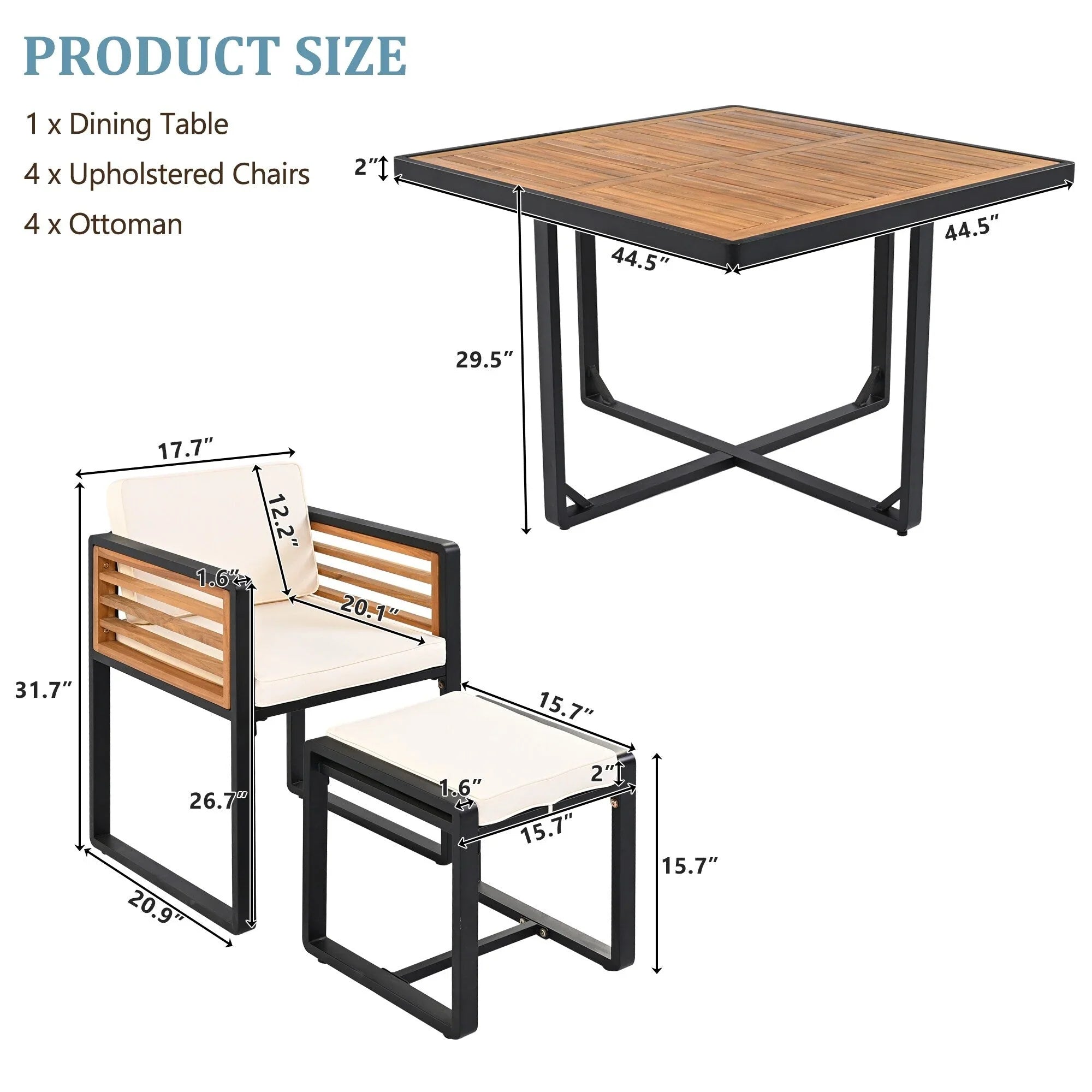 18-Pieces Acacia Wood Patio Dining Set, 8 Cushioned Chairs & 8 Ottomans & 2 Square Table – Image 13