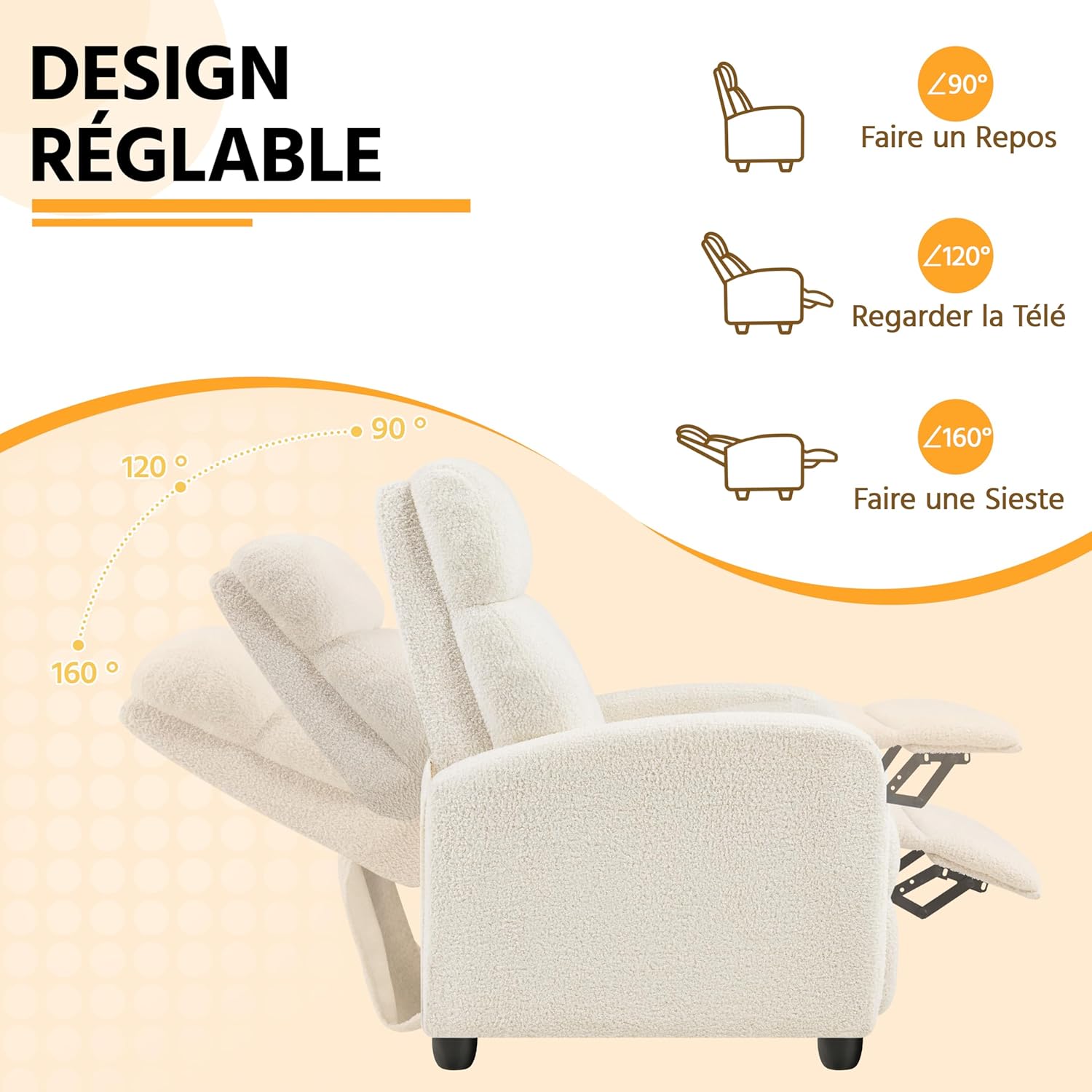Yaheetech Fauteuil de Relaxation Chaise de Détente Siège de Canapé Fauteuil en Tissu Bouclette Doux avec Repose Pied/Chambre à Coucher/Home Cinéma/Salon Ivoire – Image 6