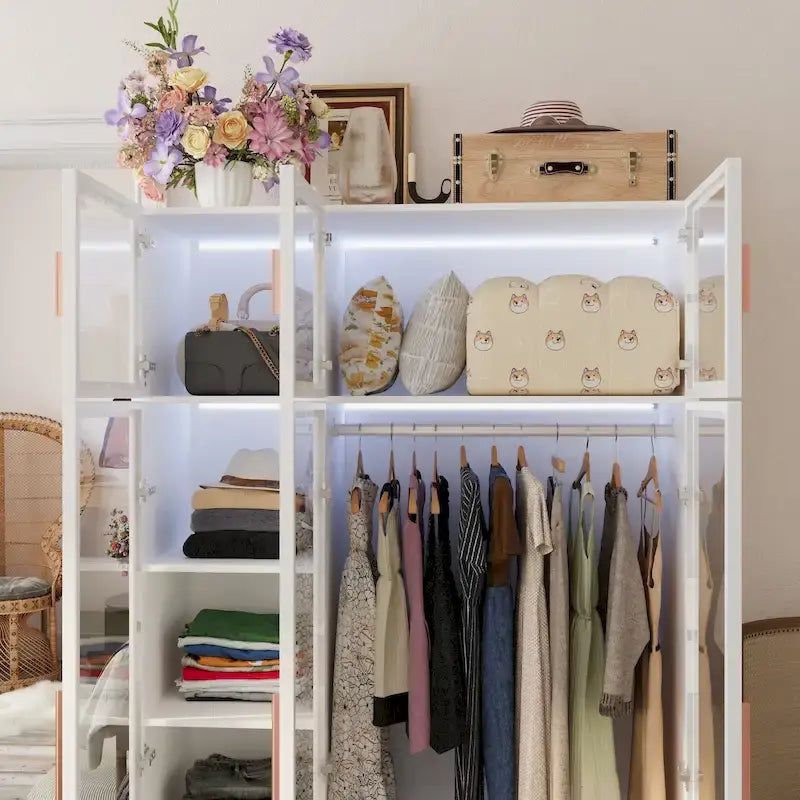 47.2 Wide Armoire LED Light All Glass Door Closet Cabinet Wardrobe – Image 50