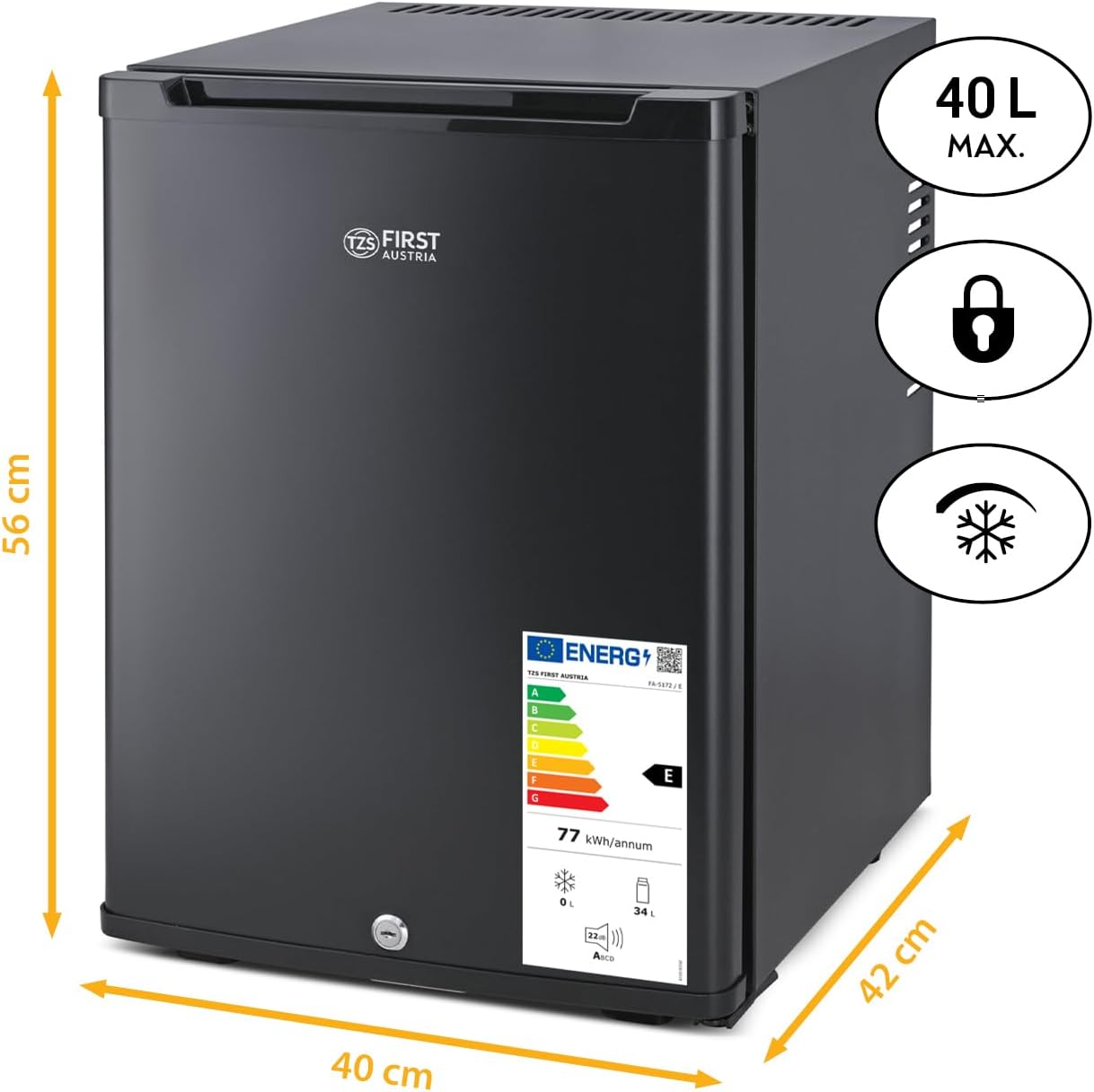 TZS First Austria - Mini réfrigérateur 40L silencieux avec serrure - Petit mini-frigo avec porte réversible et lumière intérieure - Minibar pour camping, bureau, chambre & hôtel - Noir mat – Image 2