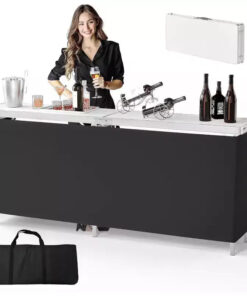 VINGLI 78 Portable Bar Table, 2-Tier Shelves, Mobile Bar Table for Events, Party, Camping, Picnic, Tradeshow, Indoor with Black Skirt