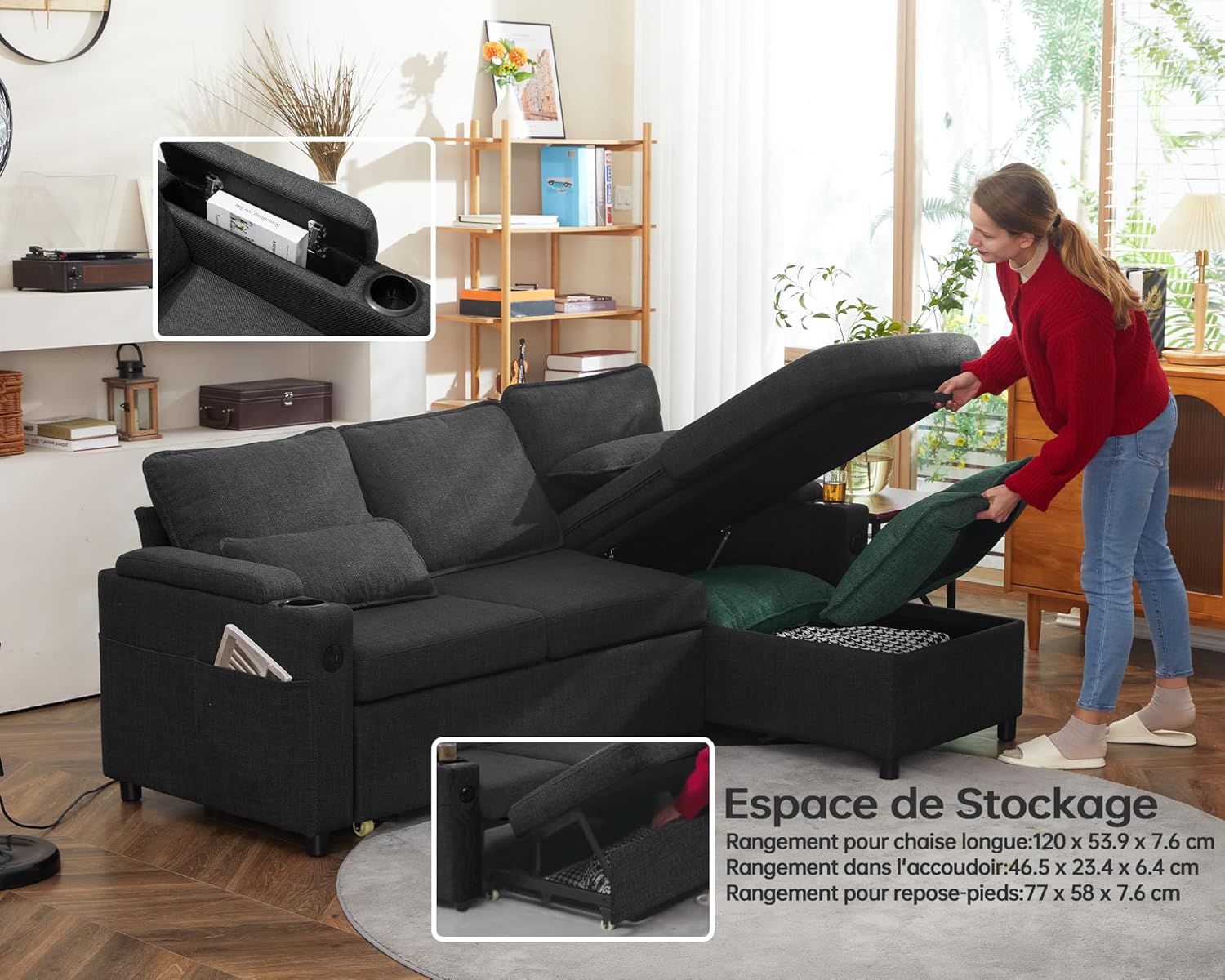 DURASPACE Canapé d'angle Convertible, Canapé Lit 3 Places en L avec Chaise Réversible, Canapé avec Rangement, Port USB et Porte-gobelet – Image 5