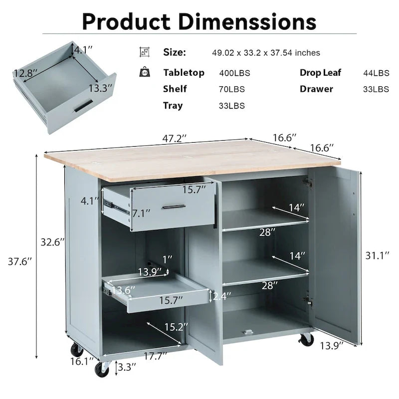 Kitchen Island with Foldable Counter Top, Kitchen Storage Cart with Slide-Out Shelf, Towel Rack and Drawer, Rolling Wheels – Image 8