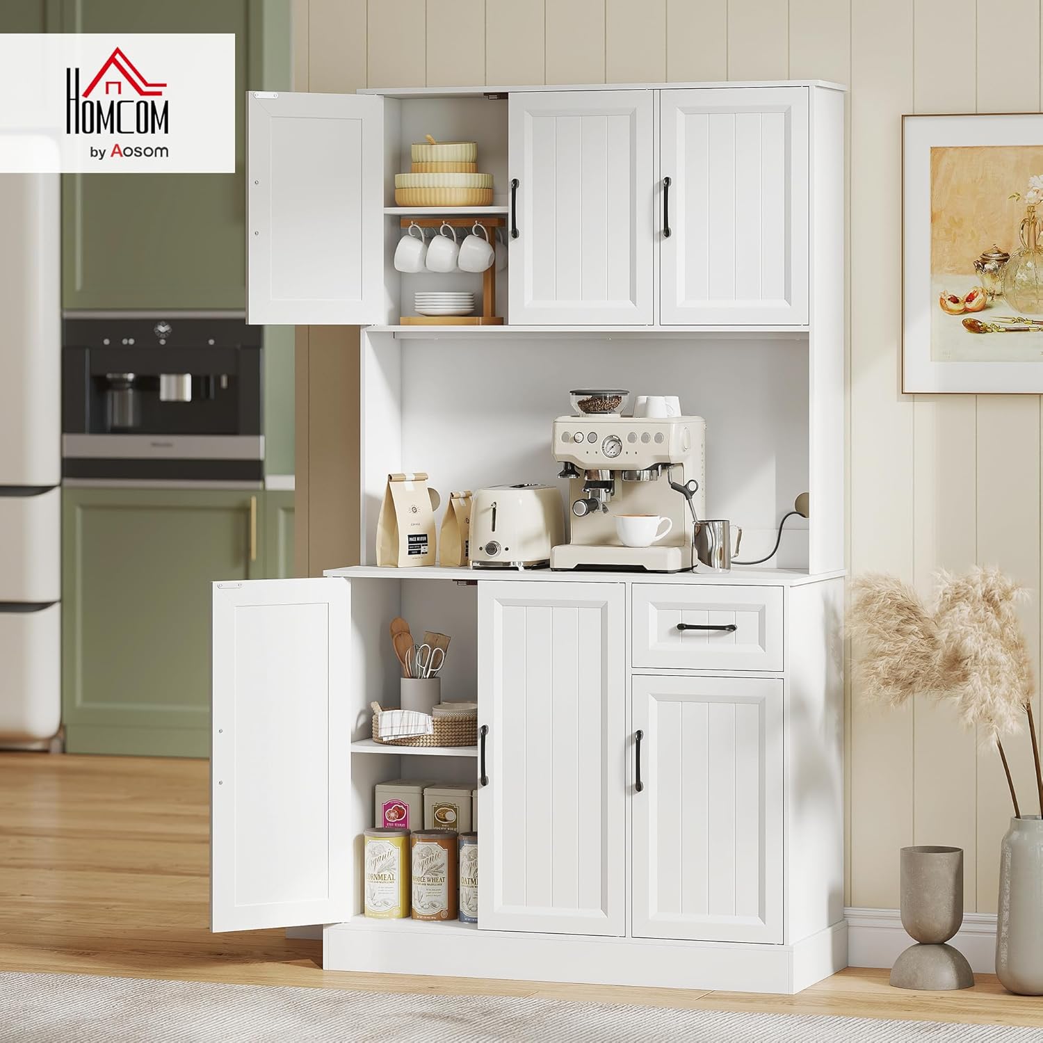 HOMCOM Armoire de cuisine, armoire buffet avec plan de travail, étagères réglables, 6 portes, tiroir, haute garde-manger avec trou de câble, pour cuisine salon salle à manger 100 x 39,5 x – Image 2