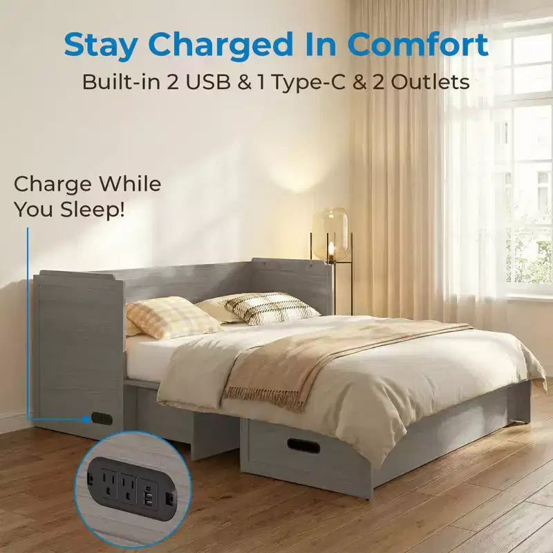 Mjkone Queen Size Convertible Murphy Cabinet Bed with Mattress, USB Charging, Storage Drawers – Image 42