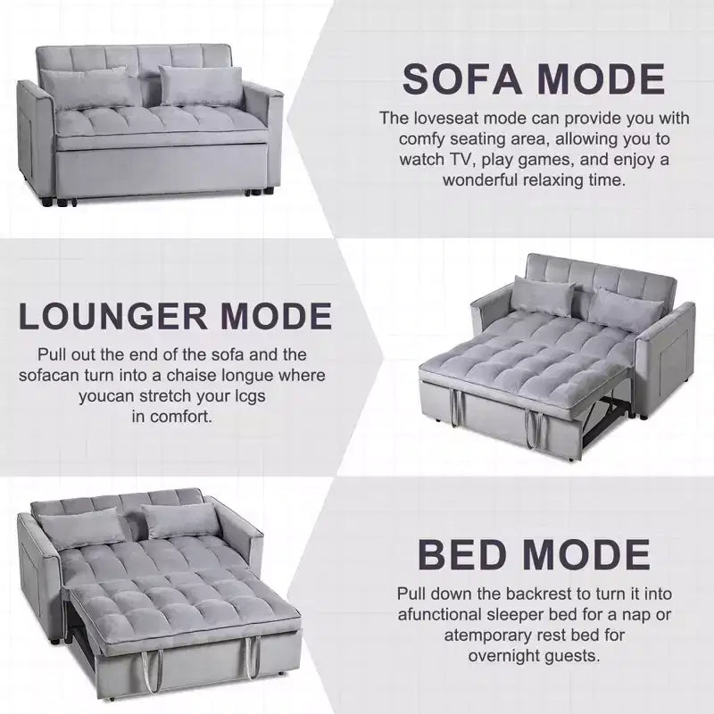Cement Gray 3 in 1 Velvet Convertible Sleeper Sofa Bed with Pillows and Pockets, Modern Pull Out Couch Bed, Adjustable Backrest – Image 12