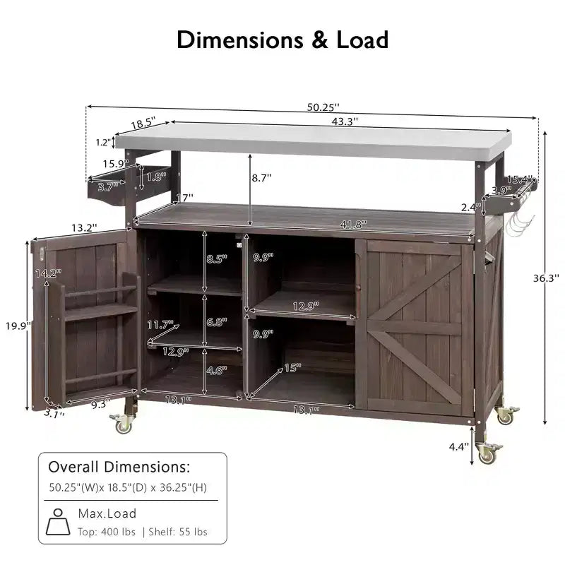 Outdoor Kitchen Island with Stainless Steel Top, Wooden Kitchen Cart with Doors, Shelves and Spice Rack, Rolling Kitchen Island – Image 22