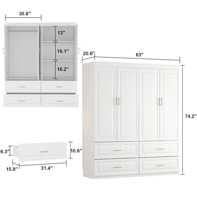 93.9H/74.2H Armoires Wardrobe Closet Cabinet Hanging Drawers Storage – Image 30