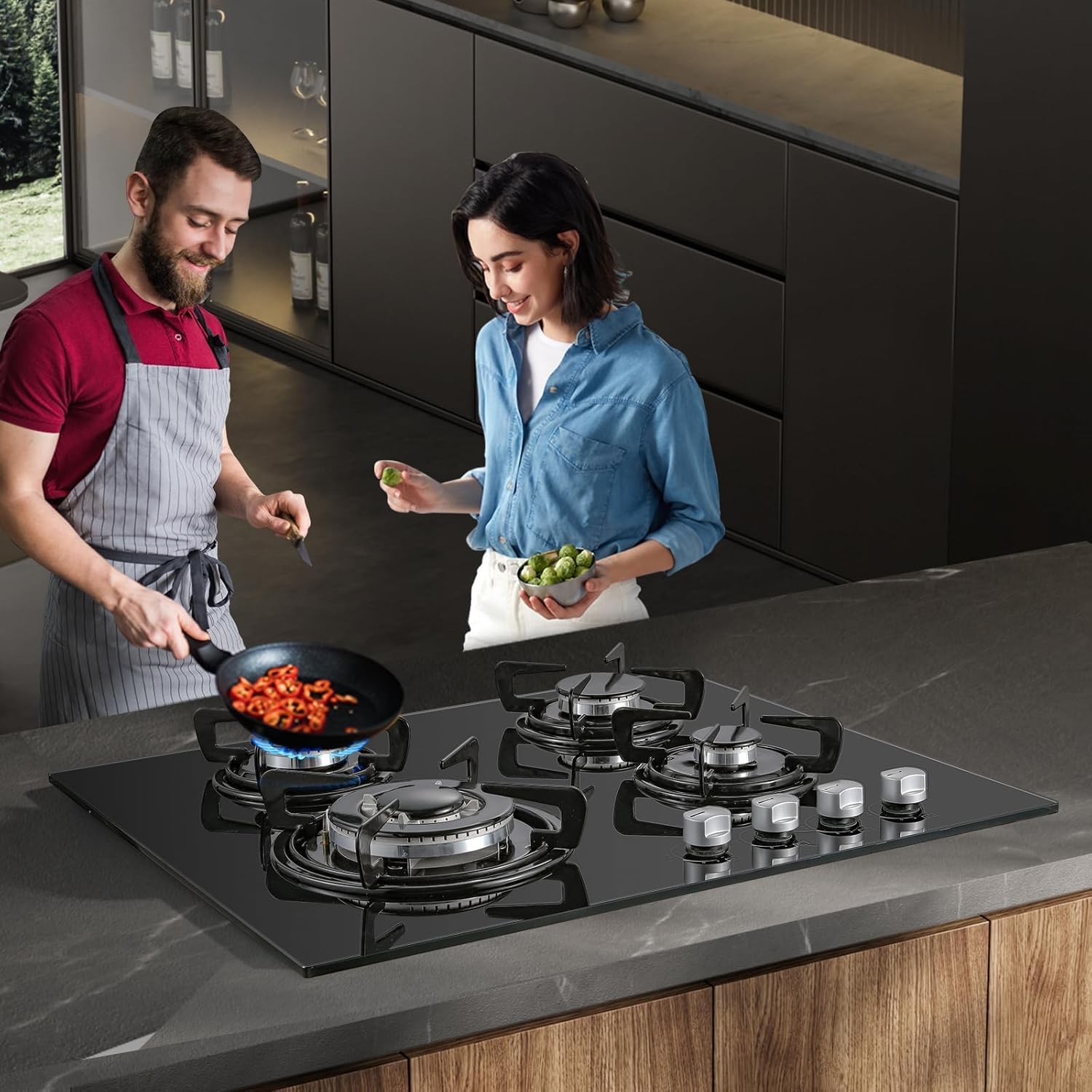 TopStrong Plaque de cuisson à gaz 4 brûleurs, 60 cm en verre noir, avec brûleur wok 8060 W et protection thermocouple, compatible gaz naturel et GPL – Image 2