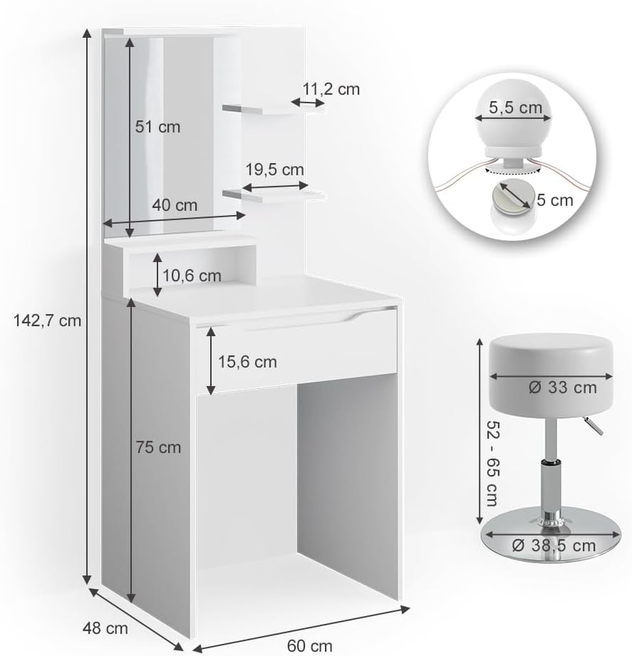 Vicco Coiffeuse Ruben, Blanc, 60 cm avec éclairage LED et Tabouret – Image 3