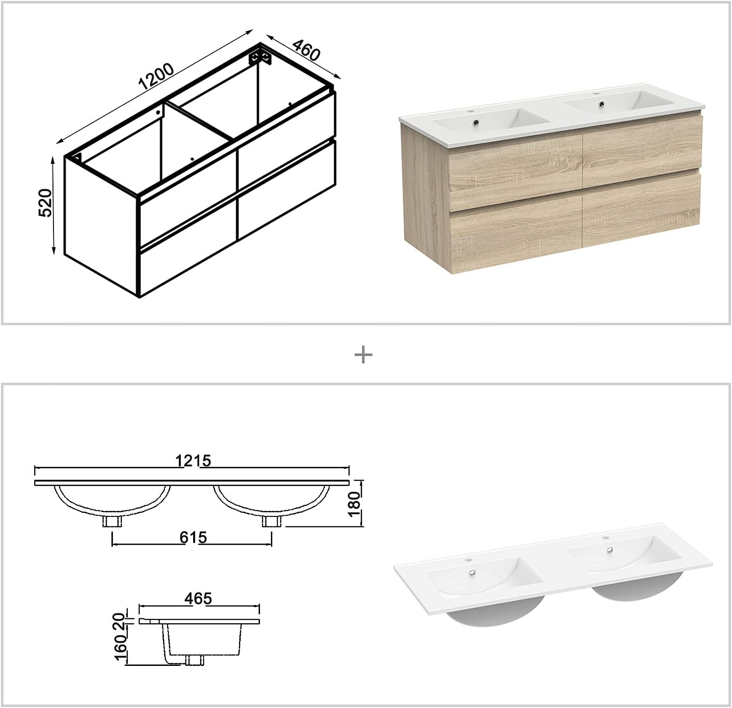 AICA Meuble Salle de Bain 120cm Chêne Wotan Double Vasque + Miroir Lumineux 3 Couleurs + dimmable – Image 4