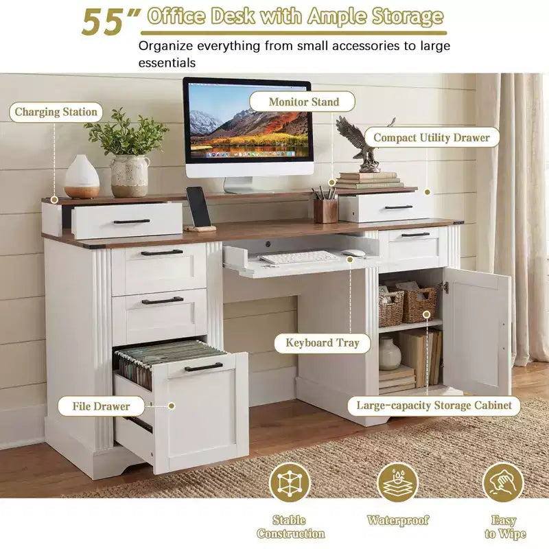 59 Executive Desk with 6 Drawers, Wooden Computer Desk with File Drawer & Charging Station, Home Office Desk Conference Table for Home Office – Image 18