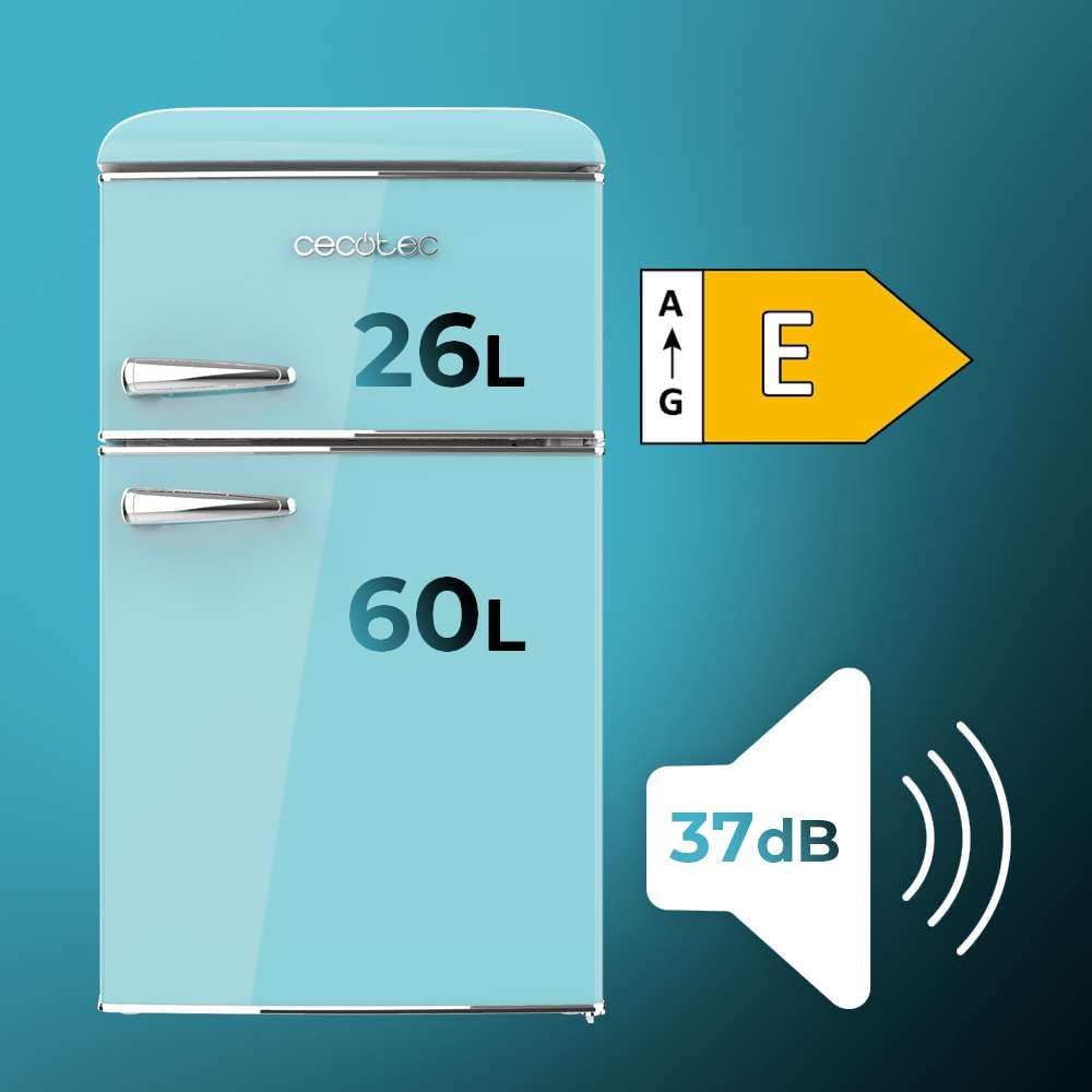 Cecotec Mini Réfrigérateur 2 Portes Retro 86L Bolero CoolMarket 2D Origin 86 Blue E, 89,3cm H et 48,7cm L, IceBox, Classe Énergétoque E, Total No Frost, Lumière Intérieure et Poignée Chromée, Bleu – Image 3