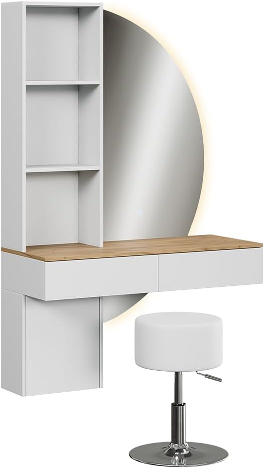 Vicco Coiffeuse Melora, Blanc/chêne, 100cm avec Miroir LED et Tabouret – Image 3