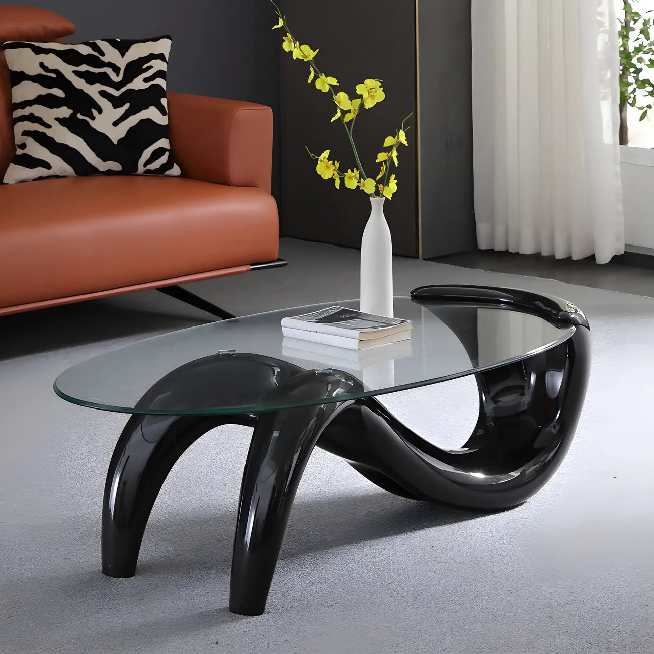 Abstract Modern Oval Glass Top Metal Base Coffee Table – Image 20