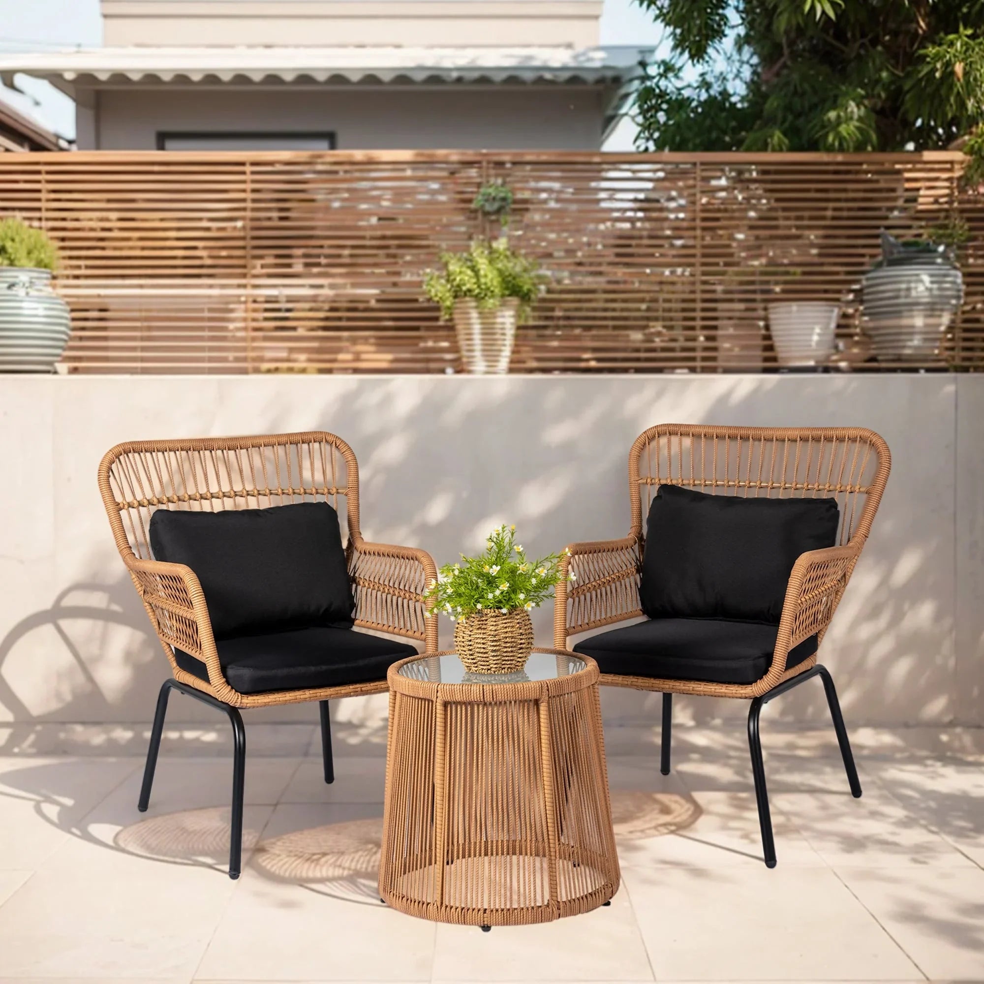 3 Piece Outdoor Wicker Conversation Bistro Set, All-Weather Rattan Furniture Patio Chairs Set with Cushions – Image 25