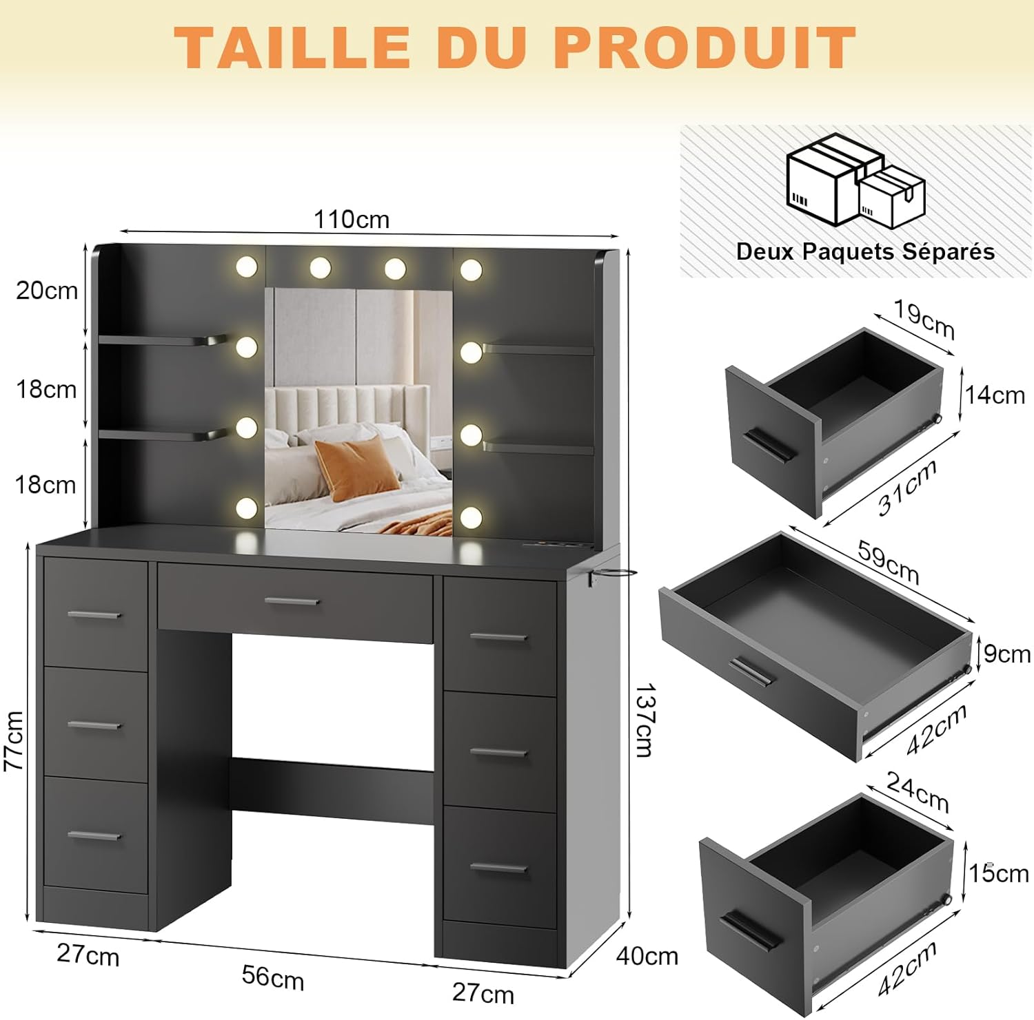 Airfish Coiffeuse LED, tiroir et prise, bureau de maquillage moderne avec étagères, commode pour chambre à coucher – Image 2