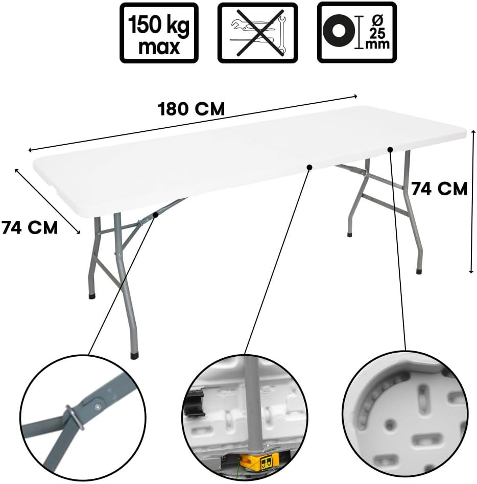 Oxeo Lot de 2 Tables Pliantes Jardin - 180cm - Portable avec Poignée - Table Camping Pique Nique 8 Places - Table réception - Blanc – Image 2