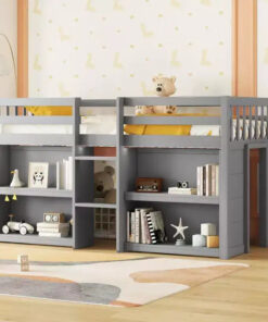 Whisen 79.8''L * 43.9''W Twin Size Kid Low Loft Bed With Two-Tier Shelves And LED Light