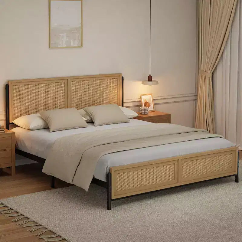 Coolmee Boho Full/Queen/King Size Bed Frame with Natural Rattan Headboard and Footboard, Wooden Platform Bed No Box Spring Needed, Noise-Free – Image 6