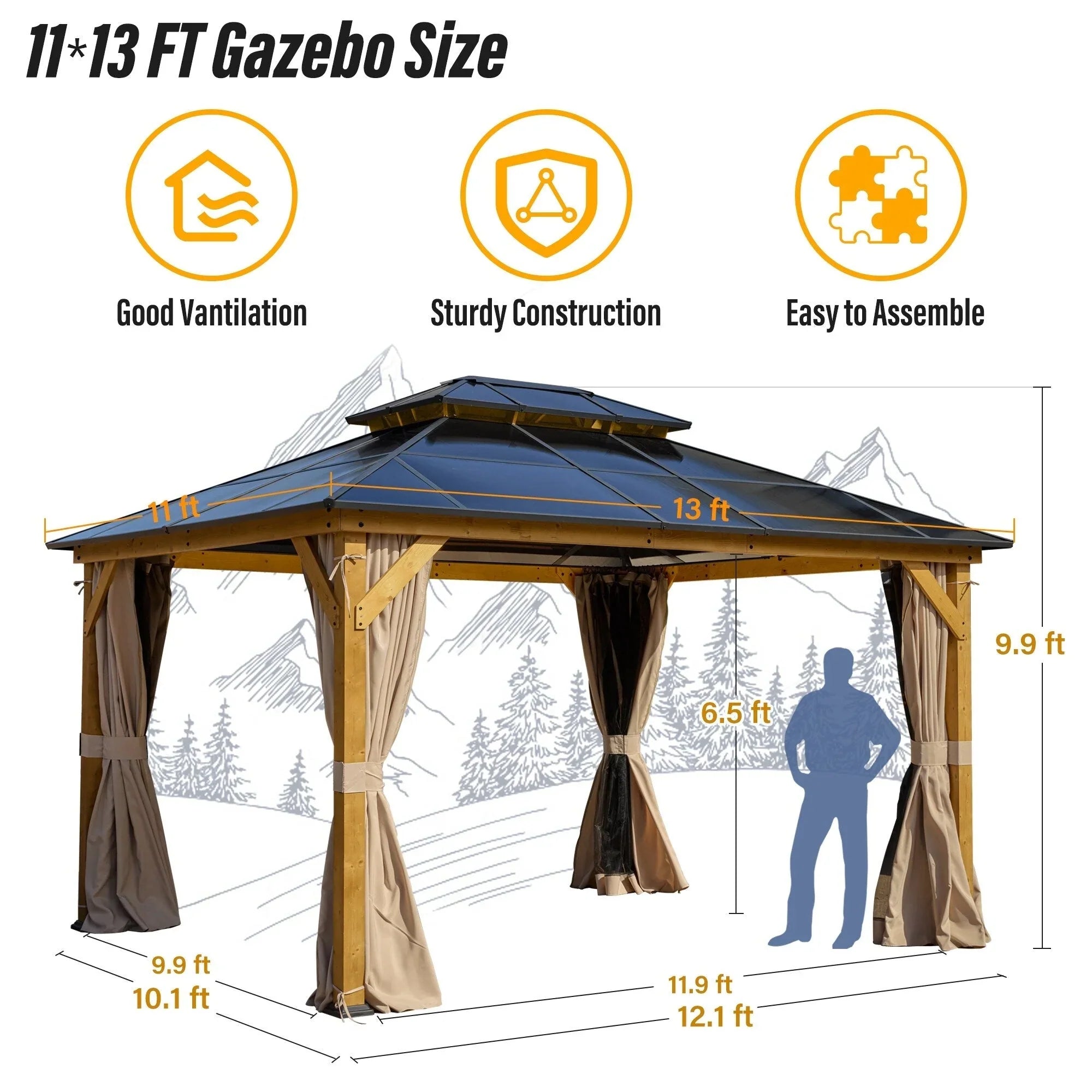 EROMMY Hardtop Gazebo,Outdoor Pergola with Double Roof & Netting & Curtains,Heavy Duty Canopy for Patio, Backyard, Pool party – Image 127