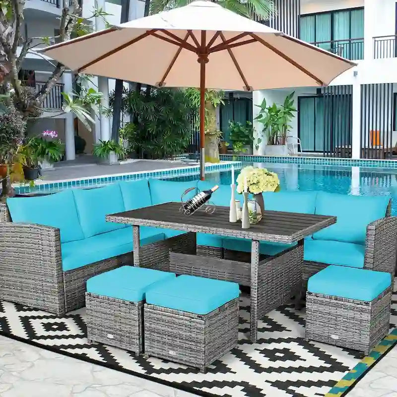 7 Pcs All-Weather Patio Rattan Dining Furniture Sectional Sofa Set with Wicker Ottoman and Cushed Couch – Image 22