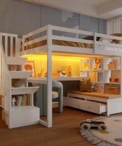 Lit Enfant Mezzanine 140x200 avec Bureau et Rangements, Cabane Ludique avec Escalier et Tiroirs, Sécurité en Bois, Blanc