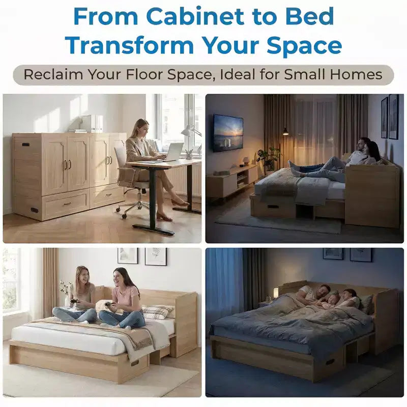 Mjkone Queen Size Convertible Murphy Cabinet Bed with Mattress, USB Charging, Storage Drawers – Image 10