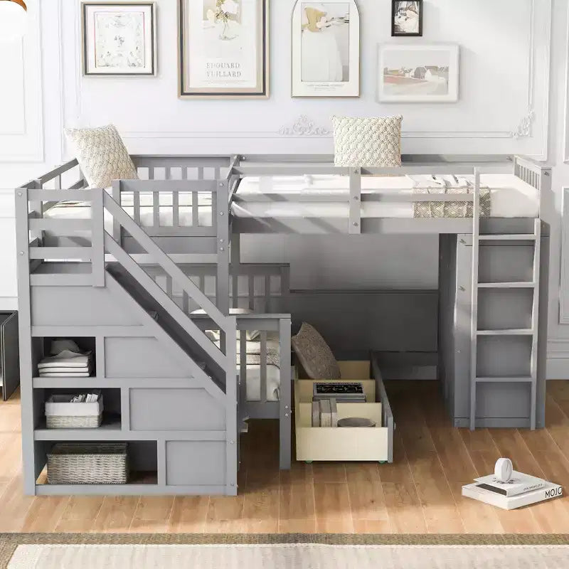 Whisen Modern Design Twin over Full L-Shaped Bunk Bed With 3 Drawers, Portable Desk and Wardrobe – Image 29