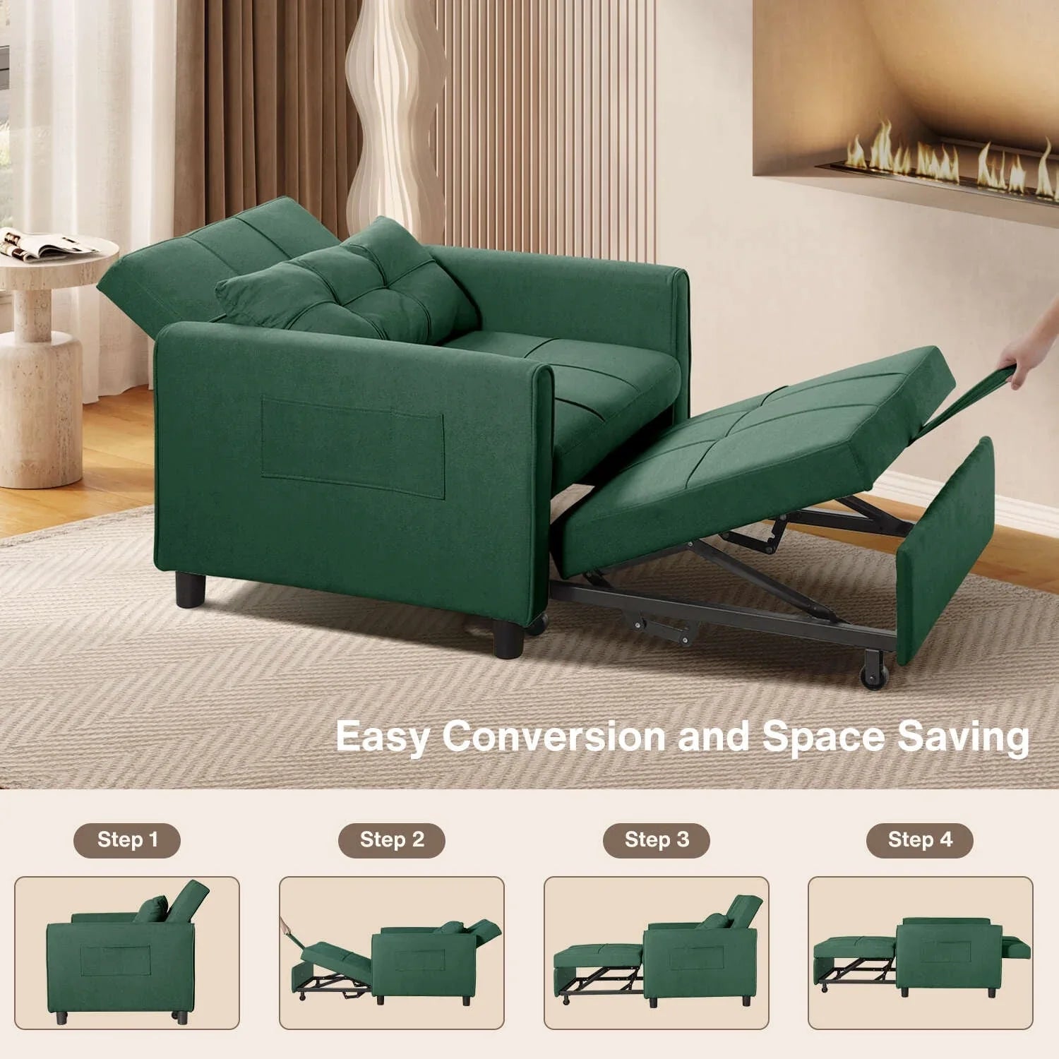 3-in-1 Adjustable Sleeper Sofa Bed, Pull Out Chair Sofa, Convertible Folding Bed for Living Room – Image 53
