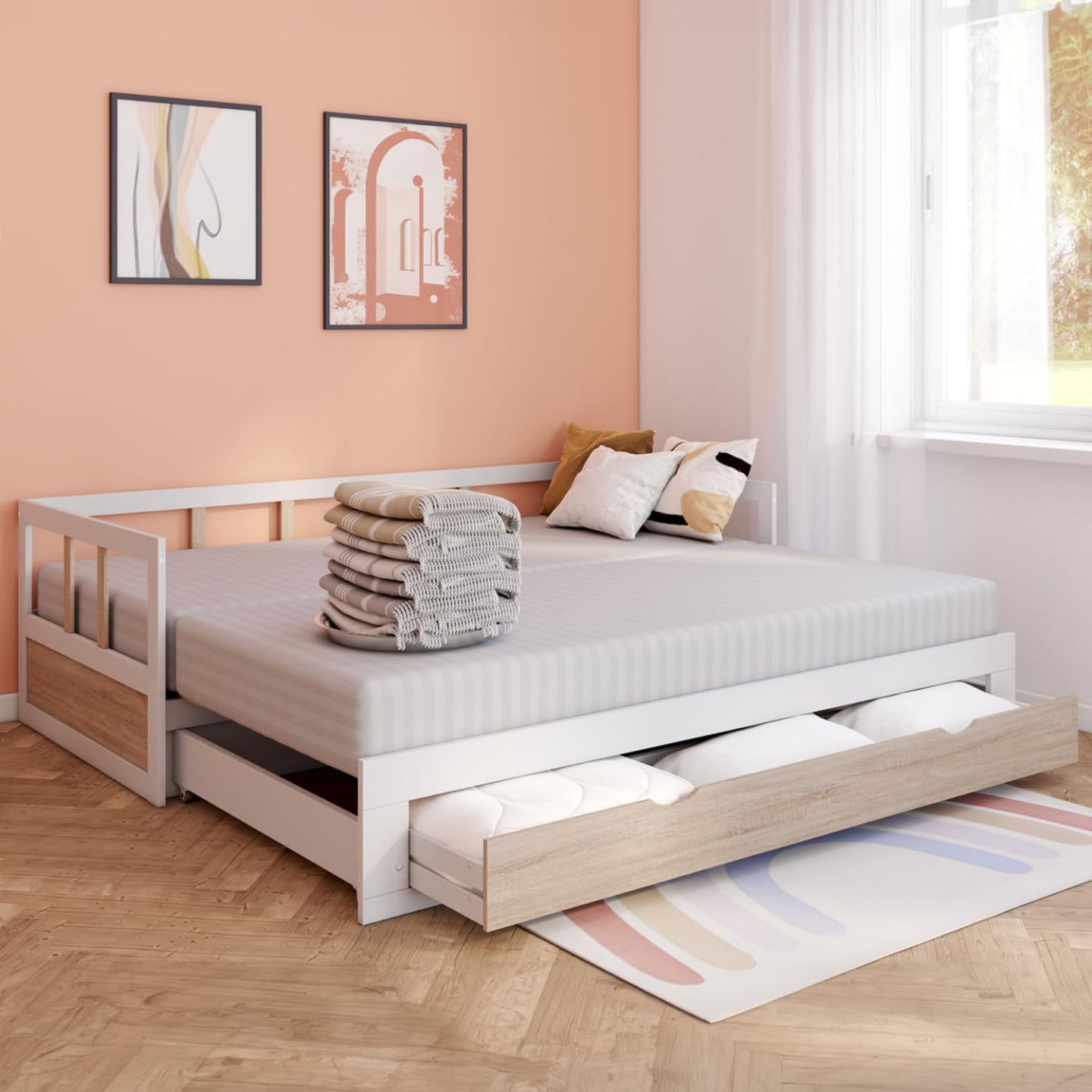IDMarket - Lit Banquette 90 x 190 cm Zoya Convertible 180 x 190 cm Blanc et hêtre avec 1 tiroir de Rangement – Image 7
