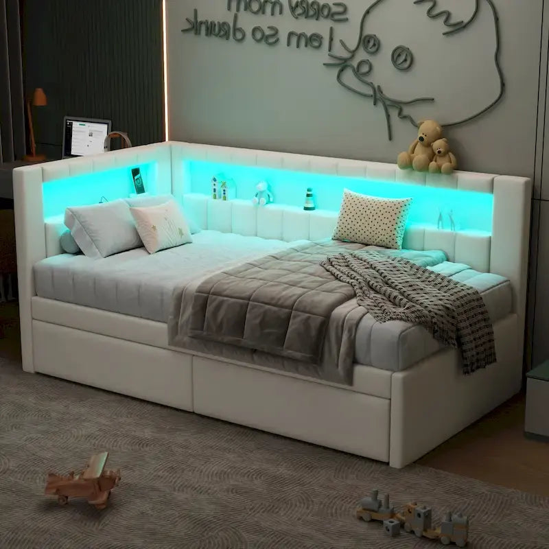 Upholstered Platform Bed with USB Ports & LED Lighting - Full/Twin Size Bed Frame with 2 Storage Drawers - Modern Bedroom – Image 2