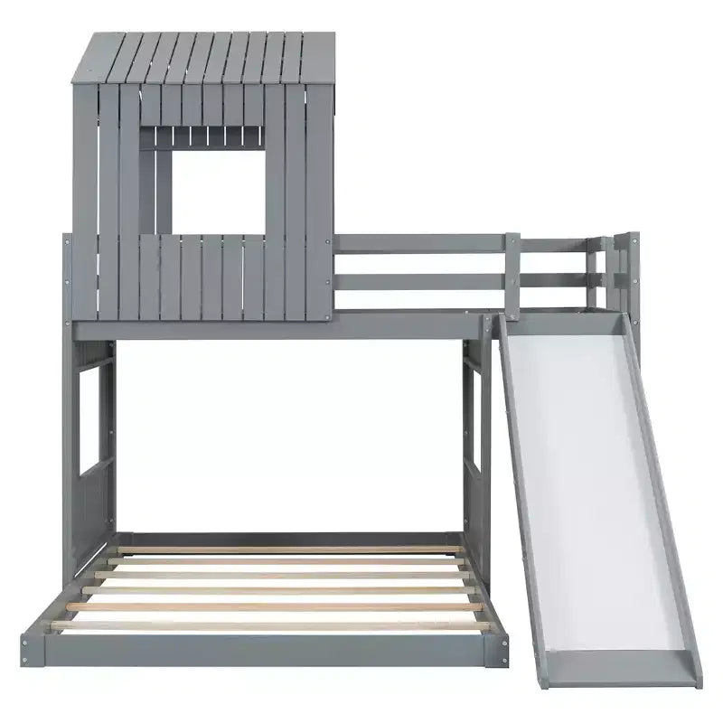 Luxystar Twin Over Full Wood Bunk Bed with Playhouse, Slide and Guardrails – Image 9