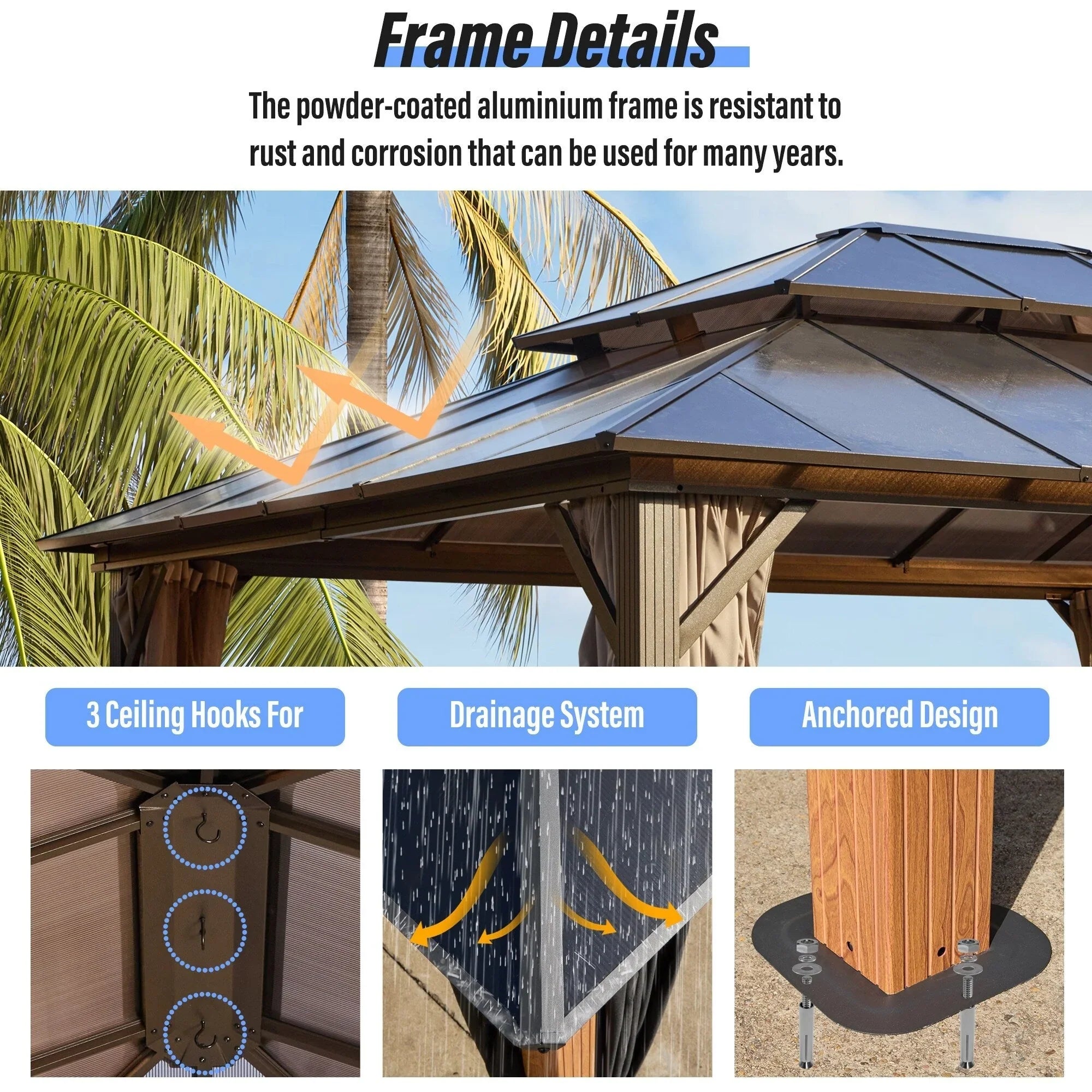 EROMMY Hardtop Gazebo,Outdoor Pergola with Double Roof & Netting & Curtains,Heavy Duty Canopy for Patio, Backyard, Pool party – Image 82