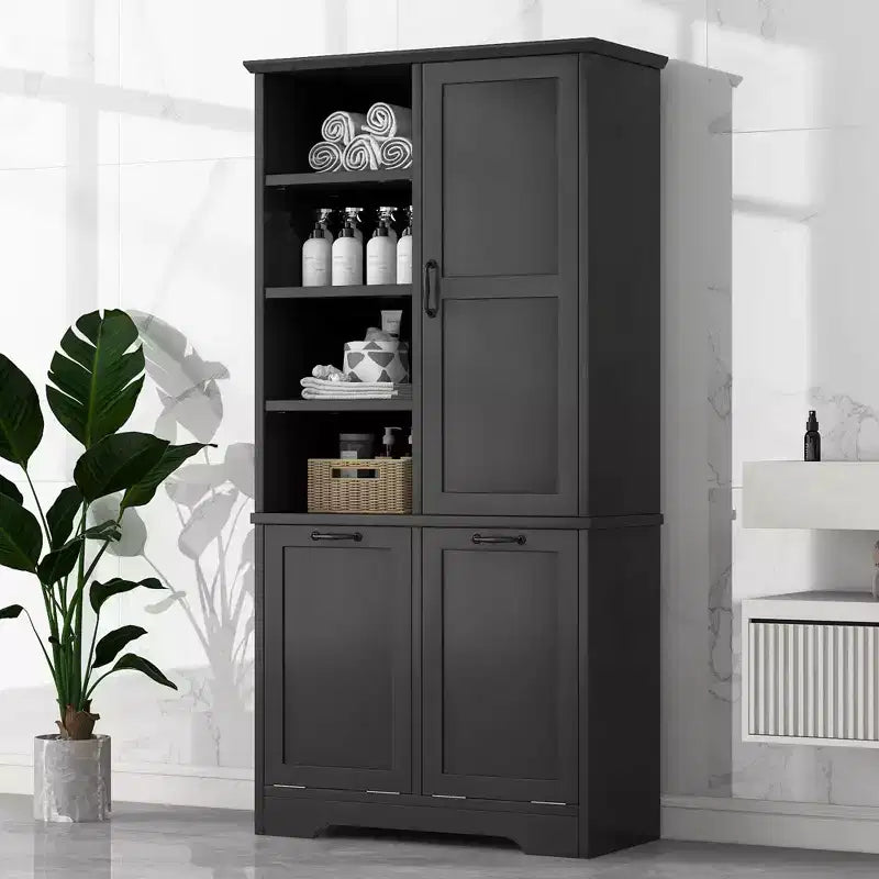 Bathroom Storage Cabinet with Doors and Drawers Tilt-Out Laundry Hamper Multiple Storage Space Freestanding Style – Image 3