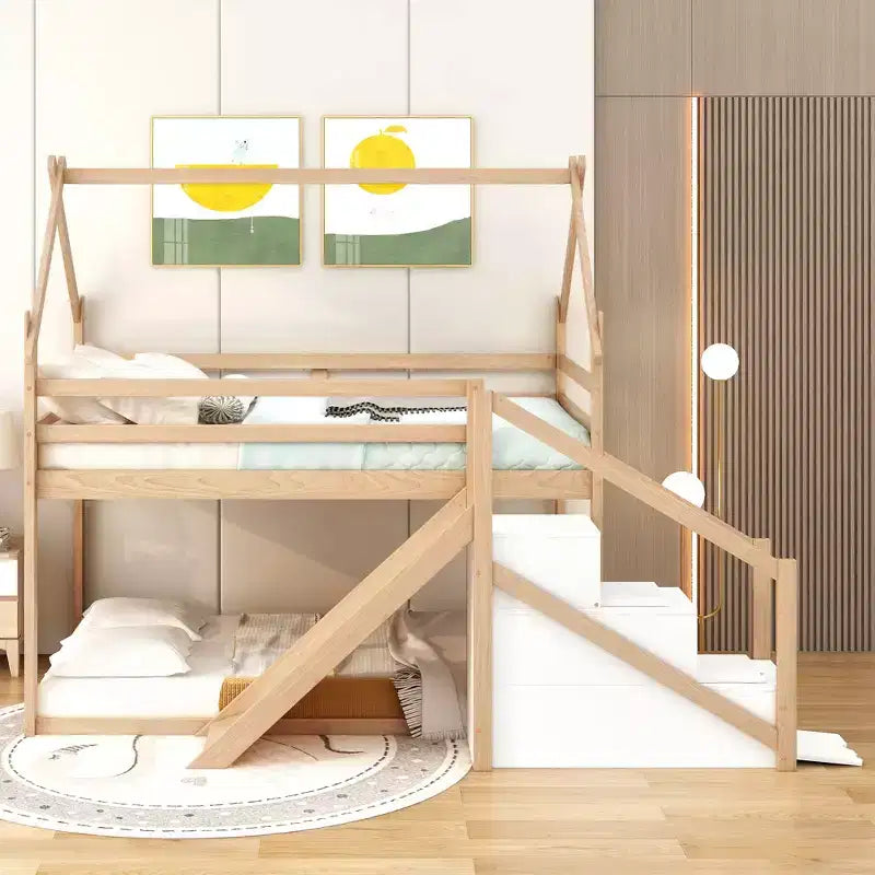 House Bunk Beds with Slide and Storage Stairs, Kids Wood Twin over Twin Bunk Bed with Roof and Stairs for Girls Boys – Image 5
