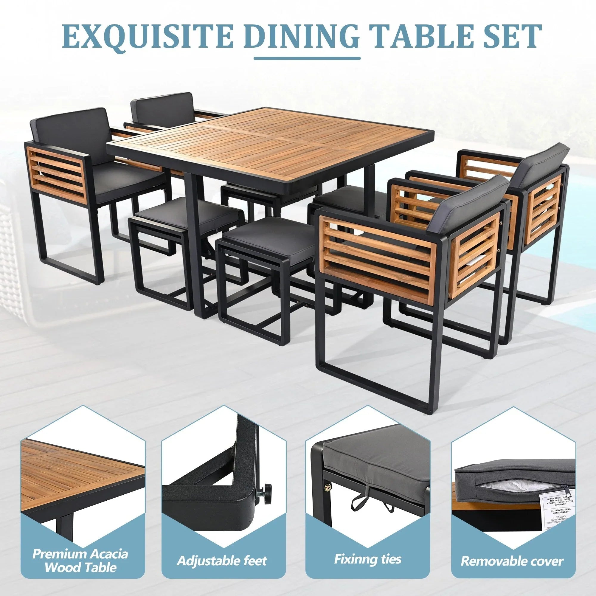 18-Pieces Acacia Wood Patio Dining Set, 8 Cushioned Chairs & 8 Ottomans & 2 Square Table – Image 5