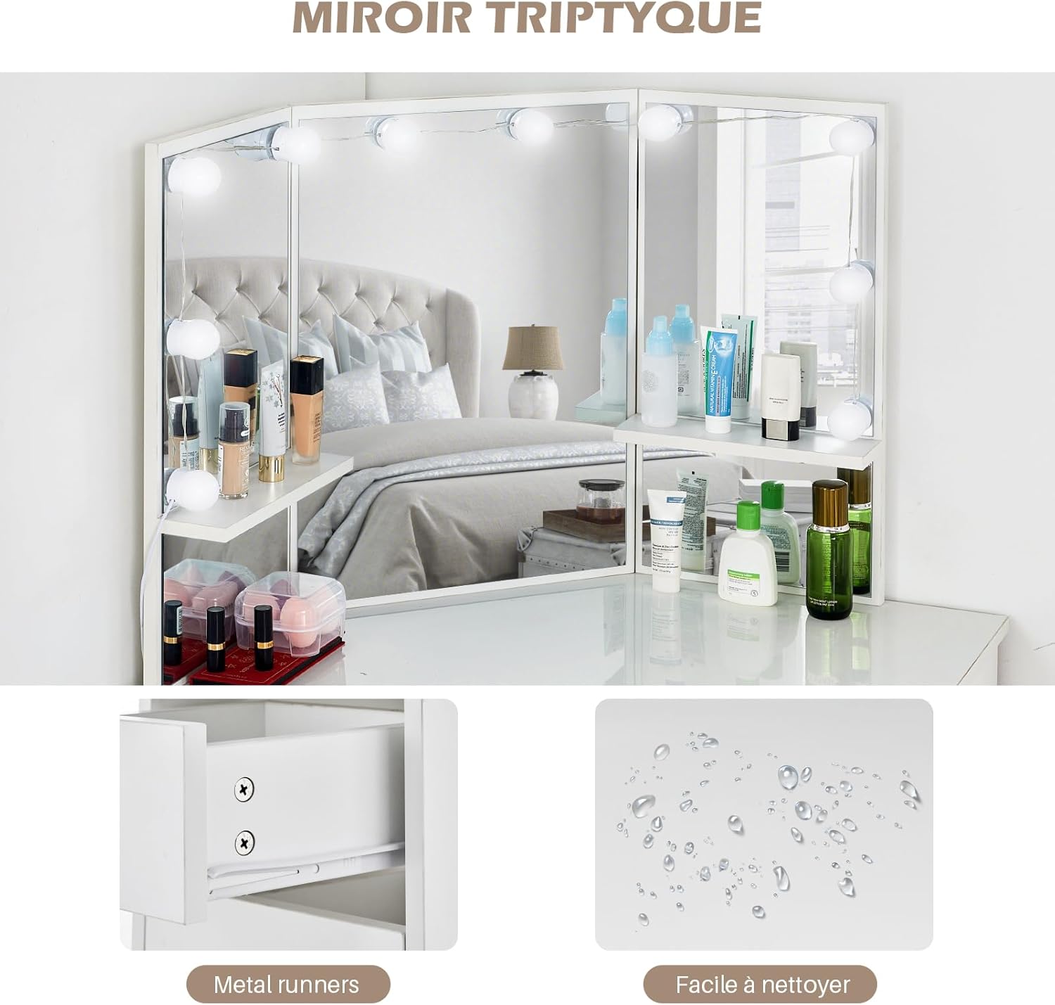Coiffeuse avec Miroir Triptyque et Tabouret, Coiffeuse d'angle Miroir Tabouret 2 Compartiments 5 Tiroirs, Table de Maquillage Blanc Moderne Femme Cadeau avec LED – Image 2