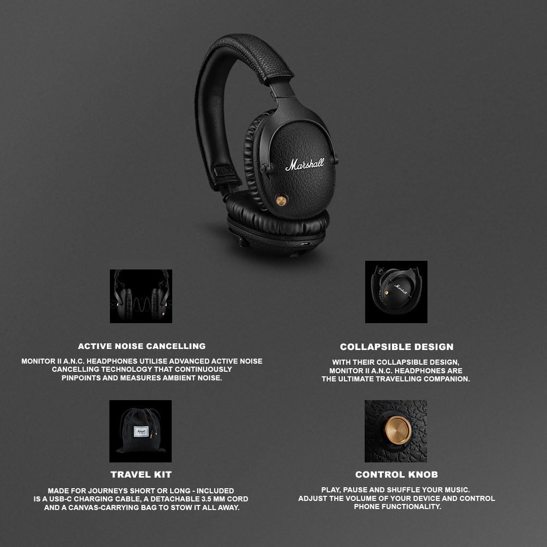 Marshall Monitor II Casque Bluetooth sans Fil avec réduction de Bruit Hybride Active, Casque Over-Ear, 30 Heures – Noir – Image 3
