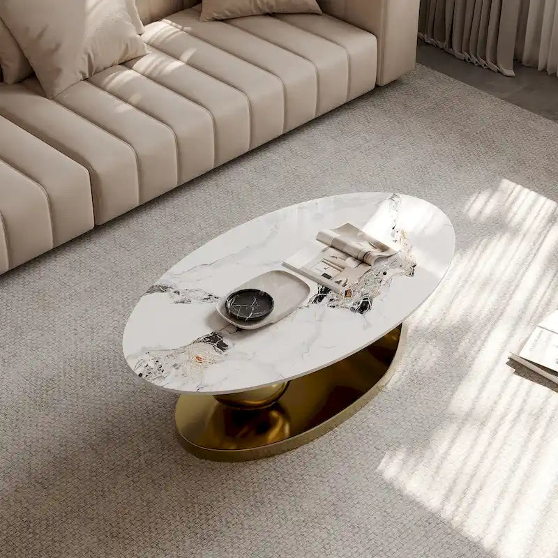 51 Modern Pandora Oval Coffee Table with Glossy Sintered stone top, Luxury Coffee Table, Stainless Steel Legs for Livingroom – Image 6