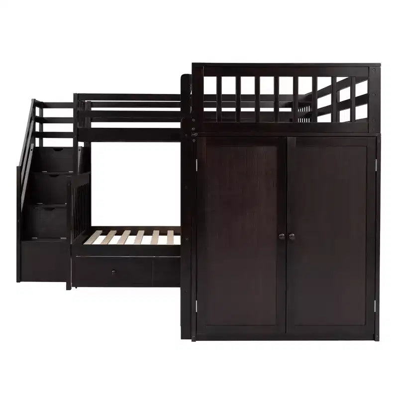 Whisen Modern Design Twin over Full L-Shaped Bunk Bed With 3 Drawers, Portable Desk and Wardrobe – Image 20