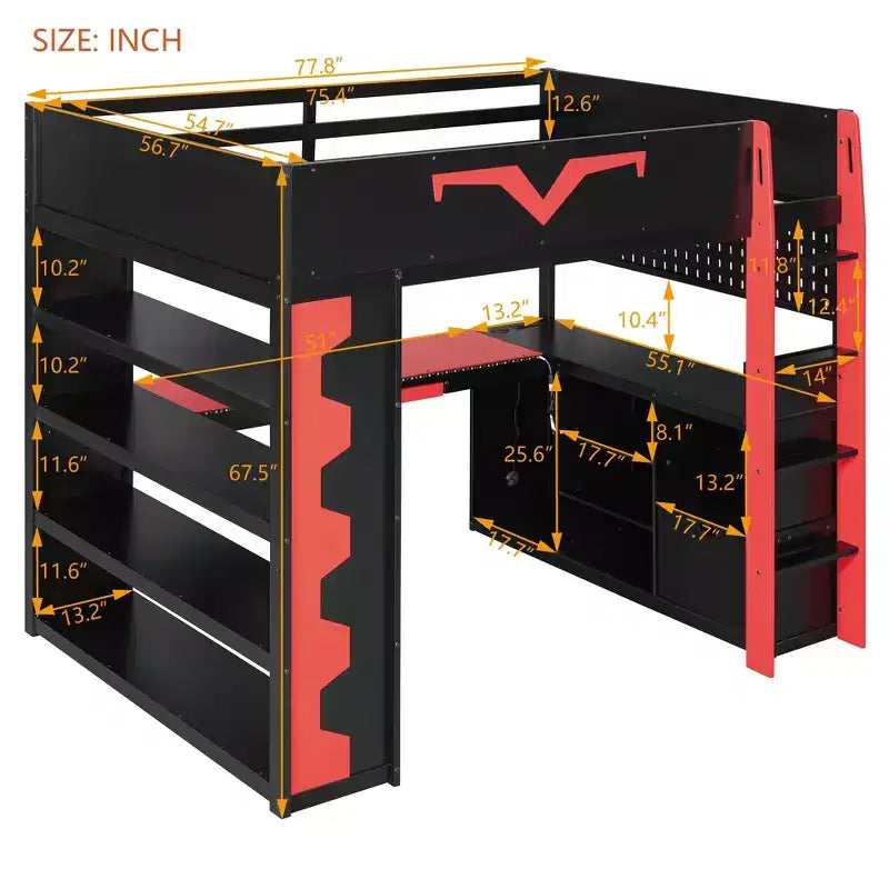 Luxystar Modern Gaming Full Loft Bed With Lighted Desk And Keyboard Tray, Pegboard, Storage Bookcase – Image 2