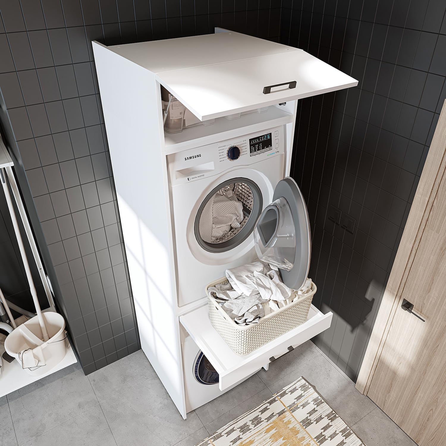 • Armoire de machine à laver pour sèche-linge et machine à laver • Avec planche coulissante • Blanc • Chêne noir • Armoire superposée (blanc, avec armoire pliante de 22 cm) – Image 6