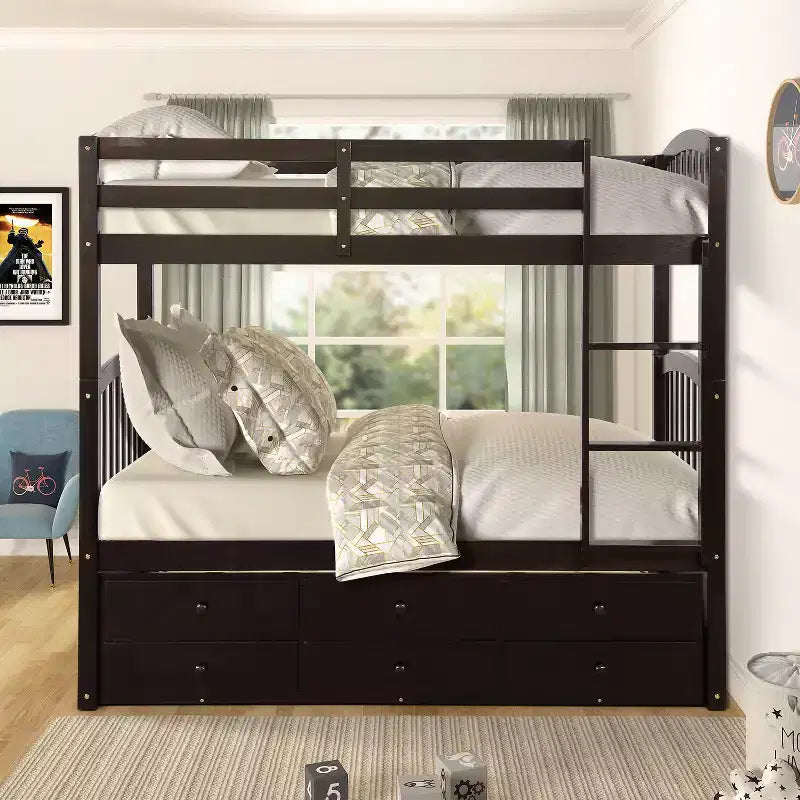 Twin Bunk Bed with Ladder, Safety Rail, Twin Trundle Bed with 3 Drawers for Teens Bedroom, Guest Room Furniture – Image 3