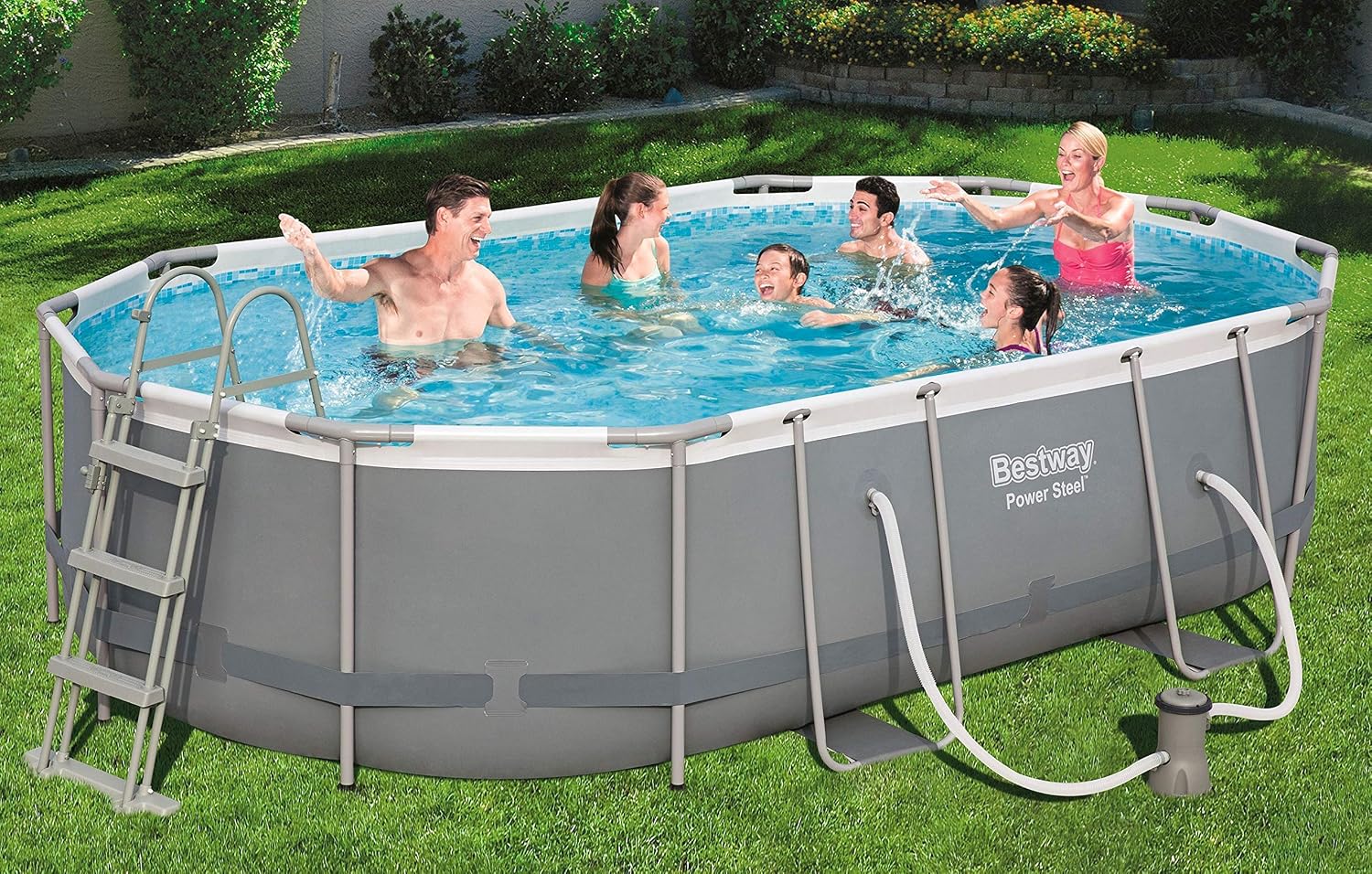 Bestway Power Steel Framepool Kit complet ovale avec pompe de filtration, échelle et bâche 488 x 305 x 107 cm – Image 2