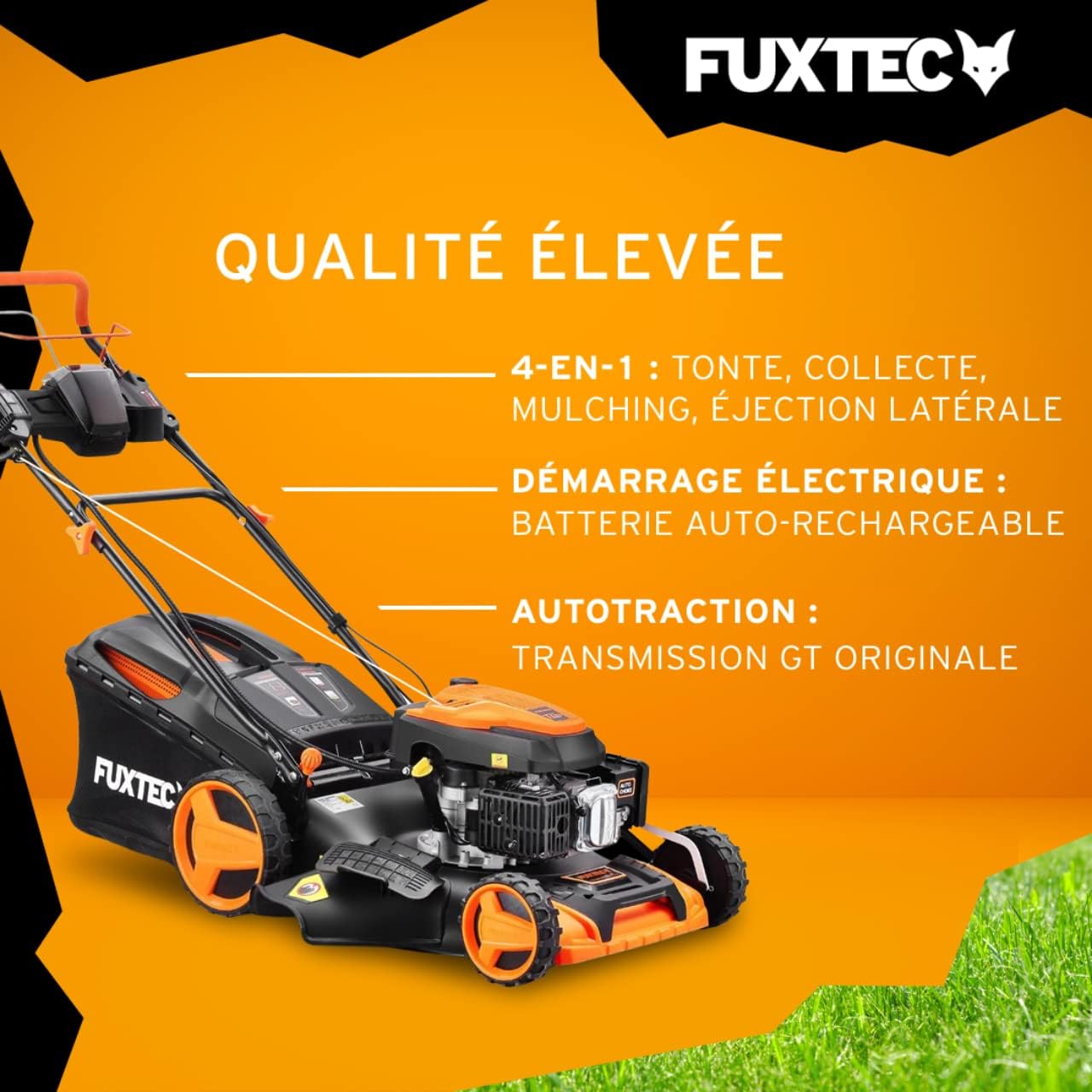 FUXTEC 4en1 Tondeuse Thermique Démarrage Électrique FX-RM5196eS - Largeur de Coupe 51cm, Système autotracté, Fonction Mulching, Réglage Central de la Hauteur de Coupe, 60L Bac de ramassage – Image 5