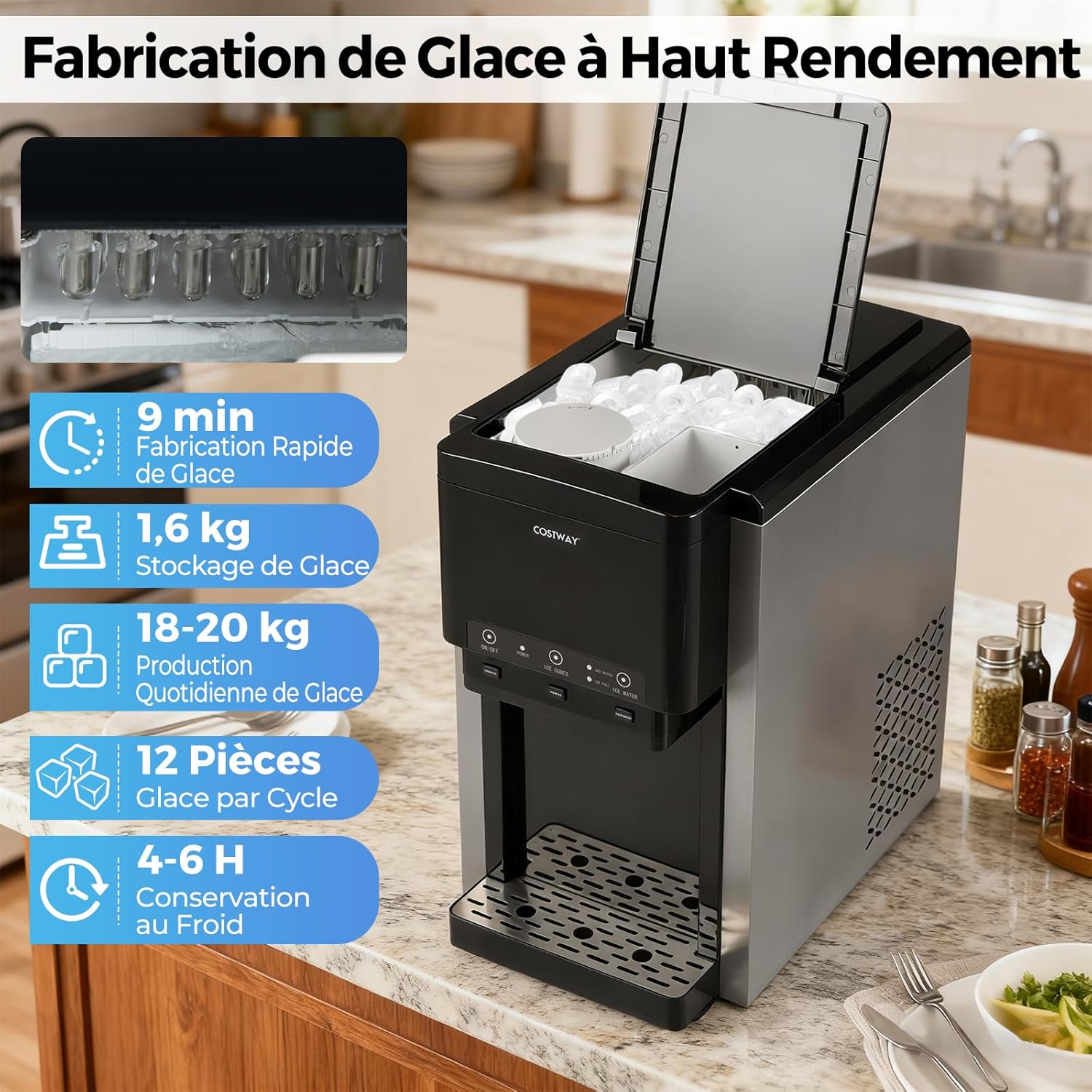 COSTWAY 3 en 1 Distributeur d'Eau avec Machine à Glaçons en Cubes et Glace Pilée 20 kg en 24h, Refroidisseur d'Eau de Comptoir, Remplissage Manuel/Automatique, pour Maison, Cuisine, Bureau – Image 5