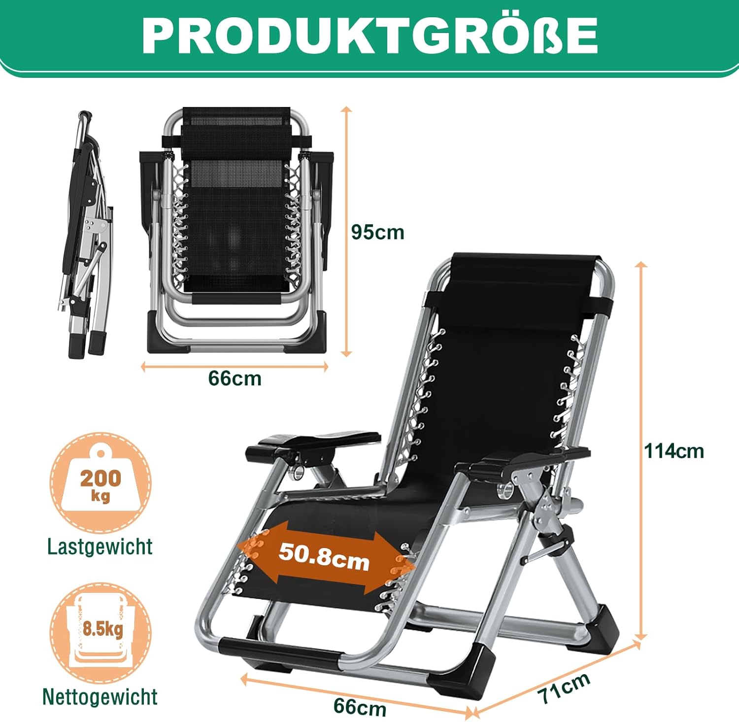 Chaise longue pliable, chaise de terrasse, capacité de charge 200 kg, chaise zéro gravité avec coussin de soutien, porte-boissons, chaise longue de jardin extra large réglable pour patio – Image 2