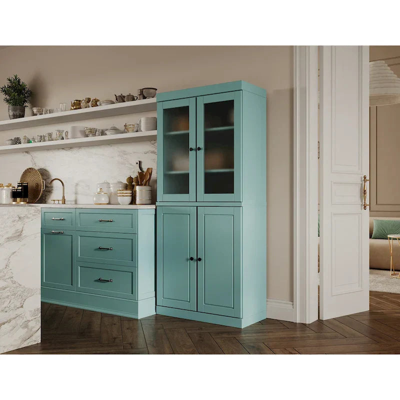 100% Solid Wood Pantry Cabinet with Frosted Glass Doors, Solid Doors, 2-Drawers and Adjustable Shelves – Image 17